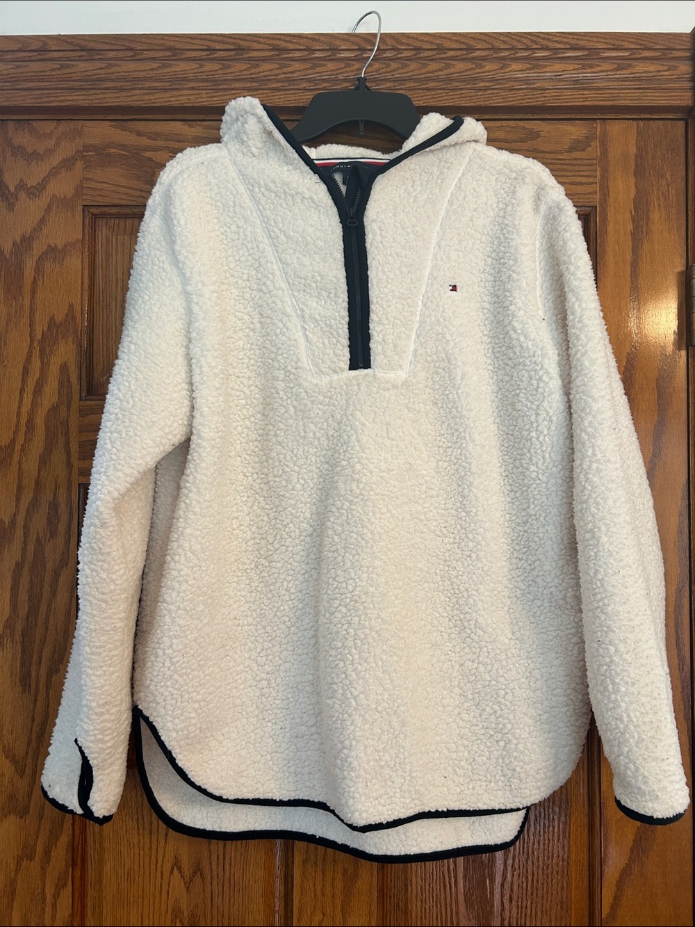 Tommy Hilfiger Cream Sherpa Half-Zip Hoodie with Black Trim